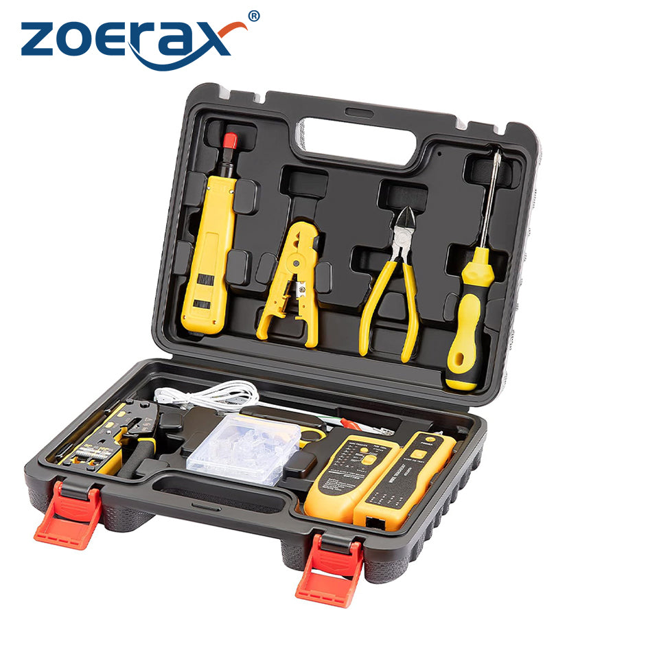RJ45 Pass Through Network Tool Kit with Wire Tracker Punch Down Tool Stripper Cutter Cat6 Connectors Crimp Tool Kit Rj45