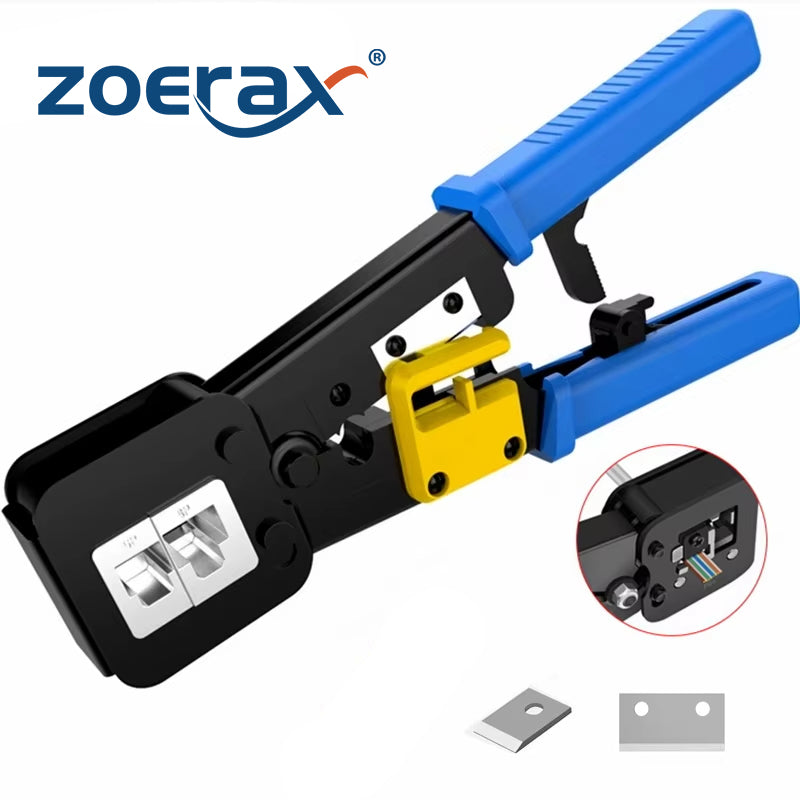 ZoeRax RJ45 Crimp Tool Pass Through Cat5 Cat5e Cat6 Crimping Tool for RJ45/RJ12 Regular and End-Pass-Through Connectors