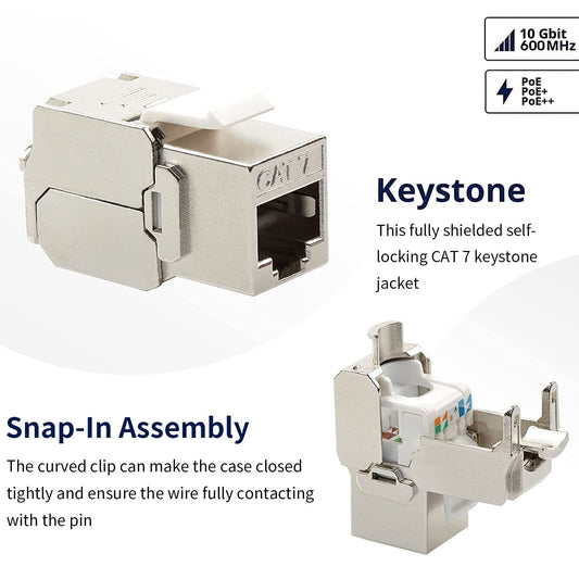 12 Pcs Cat6a Cat7 Keystone Jack Cat7 RJ45 STP Tool-Less Type Zinc Alloy Module Jacks Adapter Coupler for 22 to 26 AWG Solid or Stranded S/FTP Ethernet Cable