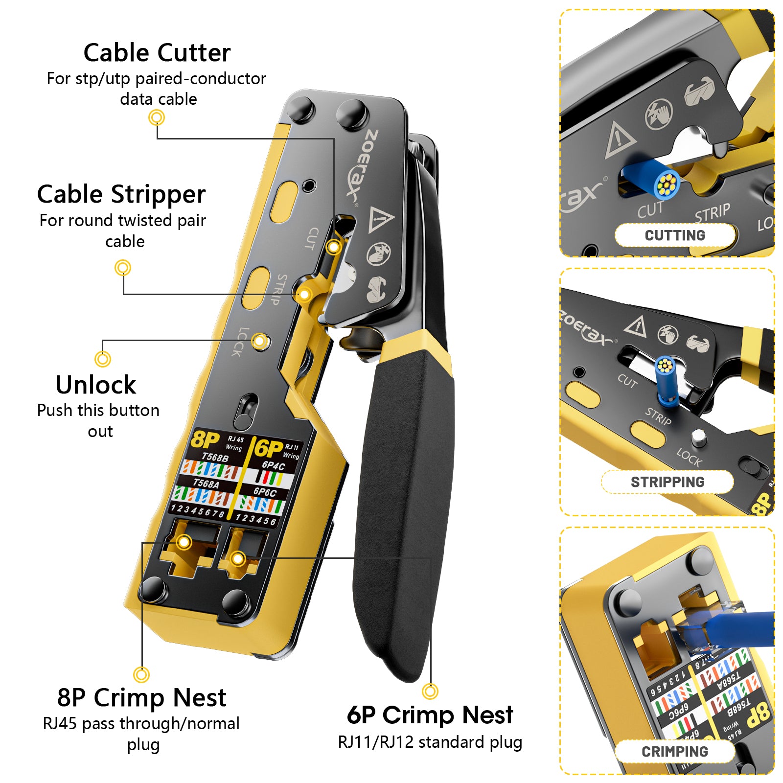 RJ45 Pass Through Network Tool Kit with Wire Tracker Punch Down Tool Stripper Cutter Cat6 Connectors Crimp Tool Kit Rj45