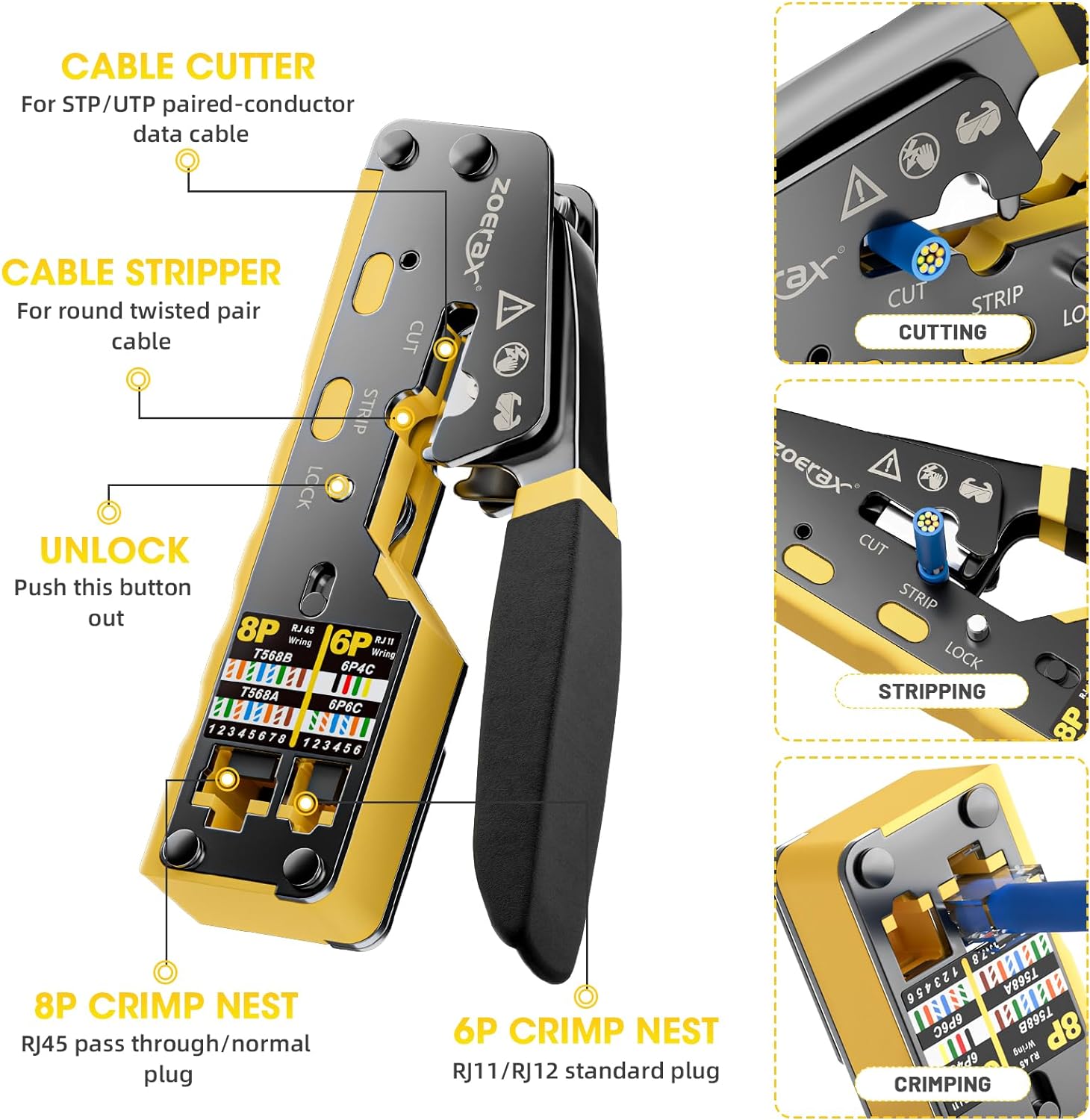 RJ45 크림핑 도구 이더넷 크림프 도구 크림퍼 RJ11/RJ12 표준, RJ45 패스스루 커넥터, 노란색