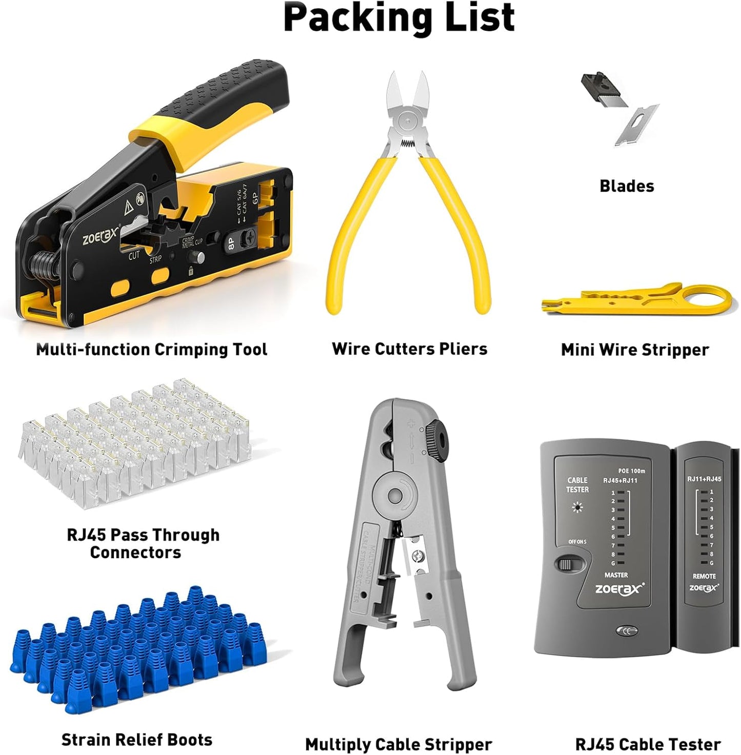 Cat7 RJ45 크림핑 도구, Cat7 Cat6 Cat5 패스스루 이더넷 크림핑 도구 키트, 케이블 테스터가 포함된 네트워크 크림핑 도구, 멀티플라이 스트리퍼, 블레이드, Cat6 커넥터 50개, 스트레인 릴리프 부츠