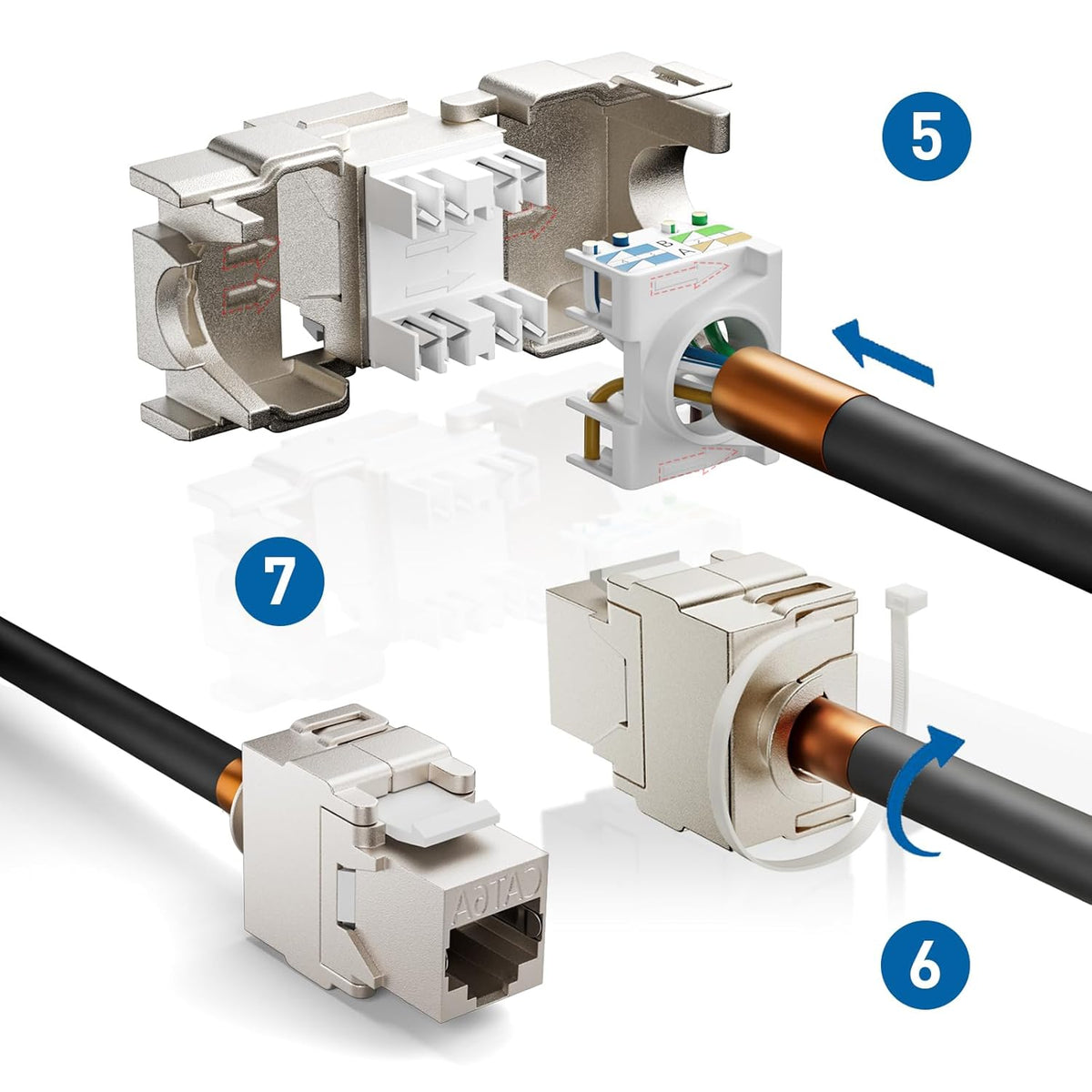 12팩 차폐형 Cat6A/Cat6 키스톤 잭 10Gbps 아연 합금 하우징 모듈형 종단 | 간편한 인터넷 도구 불필요 잭 | 최대 23AWG Cat6A 솔리드 벌크 S/FTP 이더넷 케이블용