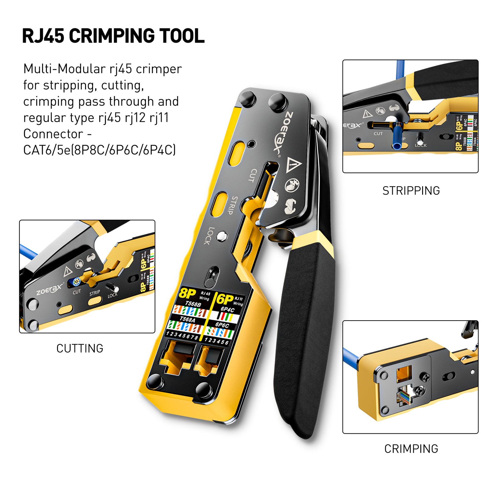 Ethernet Crimping Tool Kit RJ45 Crimp Tools,CAT5 Cat5e Cat6 RJ45 Crimping Tool Kit With Cable Tester, Multiply Stripper, Blades,50Pcs Cat 6 Pass Through Connectors and Strain Relief Boots