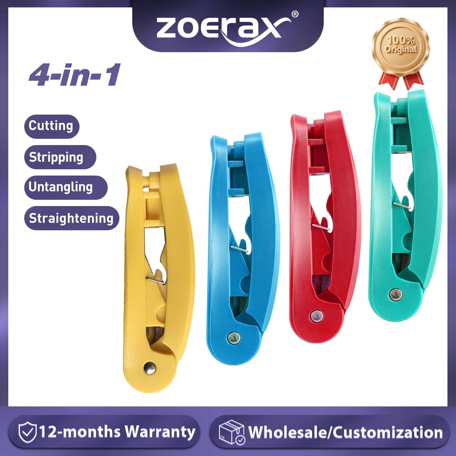 ZoeRax 4-in-1 RJ45 network cable tool with cutting, stripping, untangling, and straightening functions applies to STP/UTP cable.