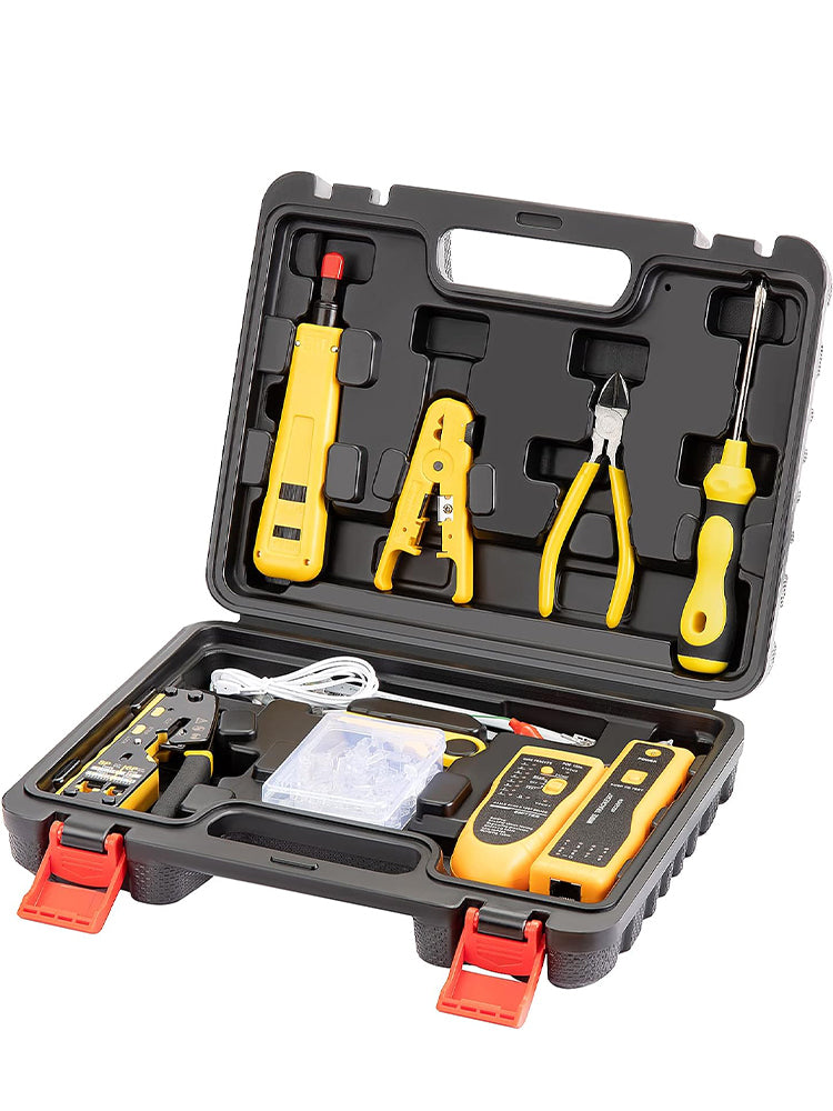 RJ45 Pass Through Network Tool Kit with Wire Tracker Punch Down Tool Stripper Cutter Cat6 Connectors Crimp Tool Kit Rj45