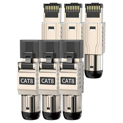 6-Pack RJ45 Connectors Tool Free Cat 8, Cat8 Field Termination Plug Shielded RJ45 Modular Plugs for 2000MHz 2GHz 40G Double Shielded Solid LAN Cable 22AWG-24AWG