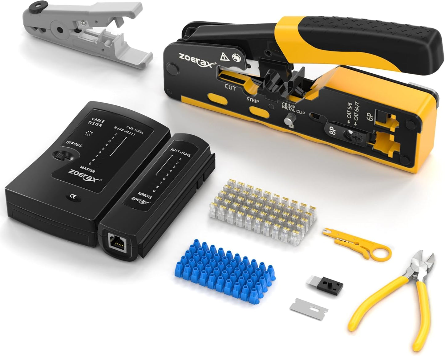Cat7 RJ45 크림핑 도구, Cat7 Cat6 Cat5 패스스루 이더넷 크림핑 도구 키트, 케이블 테스터가 포함된 네트워크 크림핑 도구, 멀티플라이 스트리퍼, 블레이드, Cat6 커넥터 50개, 스트레인 릴리프 부츠 