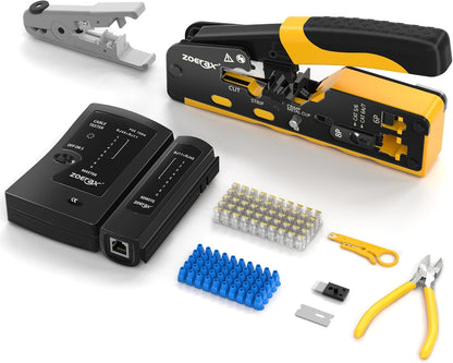 Cat7 RJ45 크림핑 도구, Cat7 Cat6 Cat5 패스스루 이더넷 크림핑 도구 키트, 케이블 테스터가 포함된 네트워크 크림핑 도구, 멀티플라이 스트리퍼, 블레이드, Cat6 커넥터 50개, 스트레인 릴리프 부츠 