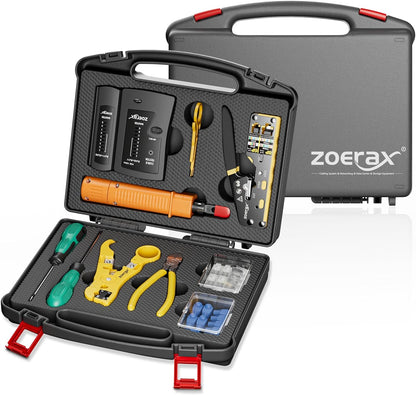 네트워크 툴 키트, ZOERAX 11 in 1 전문가용 RJ45 크림프 툴 키트 - 패스스루 크림퍼, RJ45 테스터, 110/88 펀치 다운 툴, 스트리퍼, 커터, Cat6 패스스루 커넥터 및 부츠 