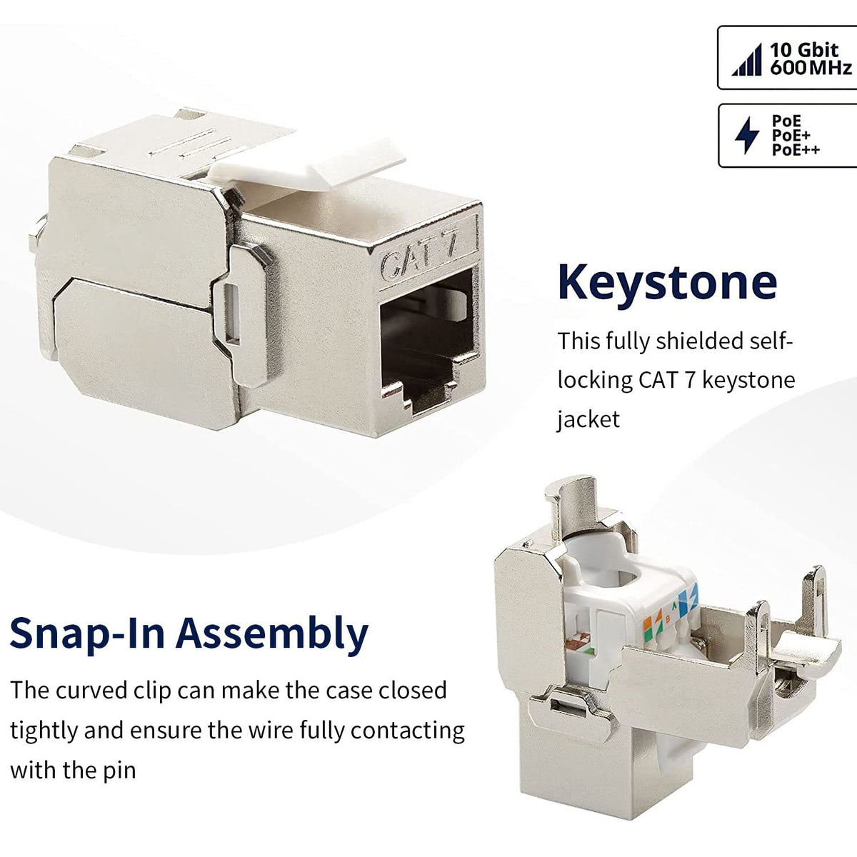 12 Pcs Cat6a Cat7 Keystone Jack Cat7 RJ45 STP Tool-Less Type Zinc Alloy Module Jacks Adapter Coupler for 22 to 26 AWG Solid or Stranded S/FTP Ethernet Cable