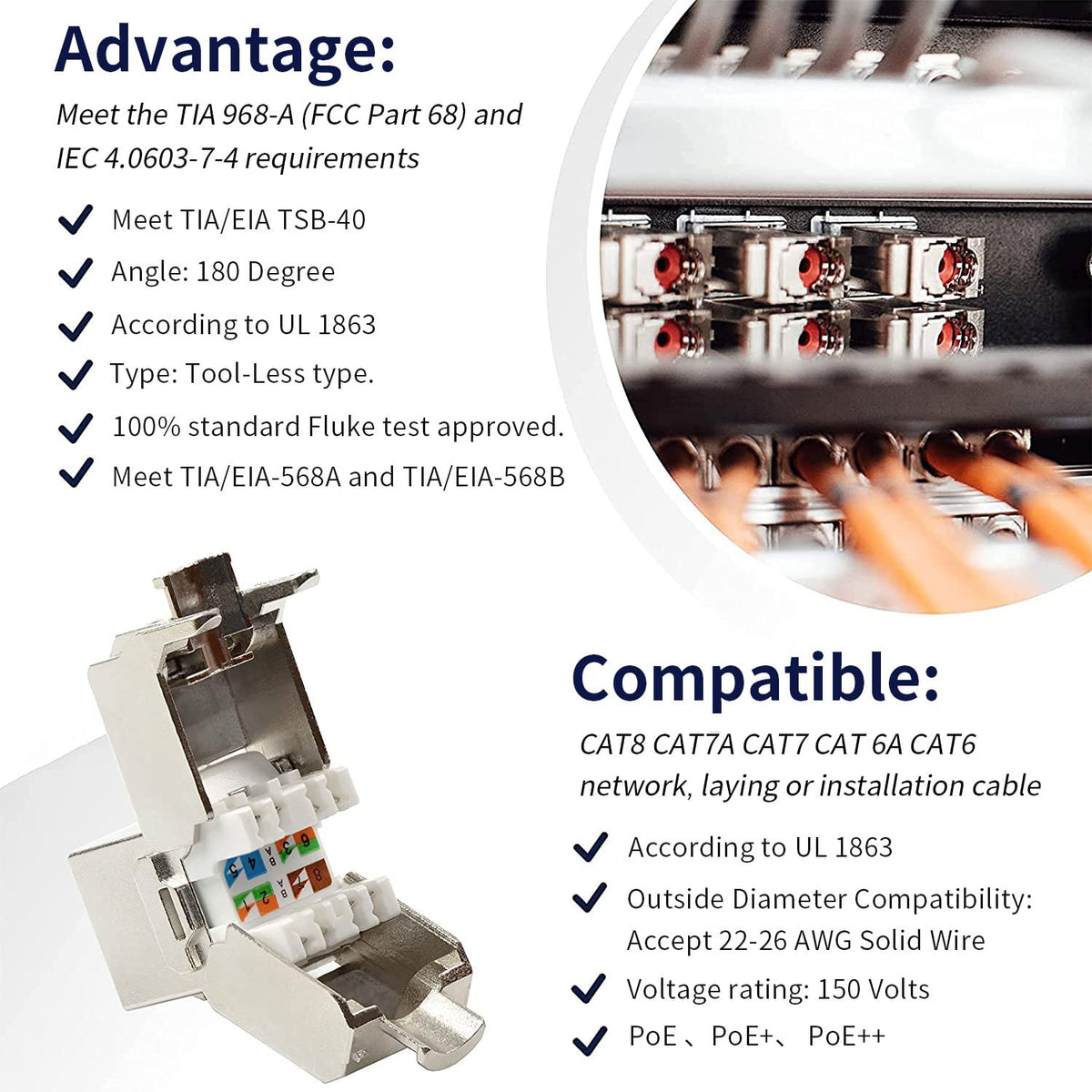12 Pcs Cat6a Cat7 Keystone Jack Cat7 RJ45 STP Tool-Less Type Zinc Alloy Module Jacks Adapter Coupler for 22 to 26 AWG Solid or Stranded S/FTP Ethernet Cable