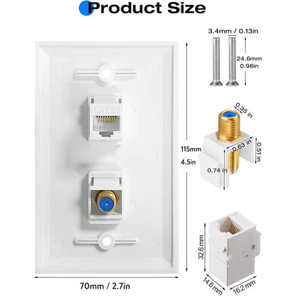 ZoeRax Ethernet Coax Wall Plat, 2-Port Cat6 Keystone Jack Coupler and Gold Plated RG6 Keystone Jack Insert Wall Plate