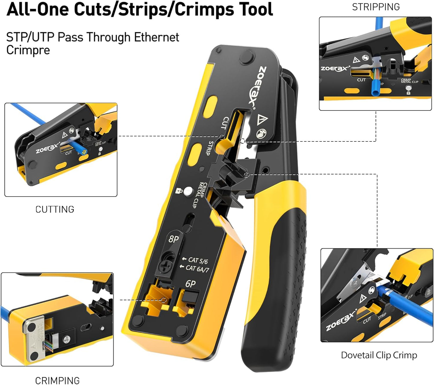 Cat7 RJ45 크림핑 도구, Cat7 Cat6 Cat5 패스스루 이더넷 크림핑 도구 키트, 케이블 테스터가 포함된 네트워크 크림핑 도구, 멀티플라이 스트리퍼, 블레이드, Cat6 커넥터 50개, 스트레인 릴리프 부츠 