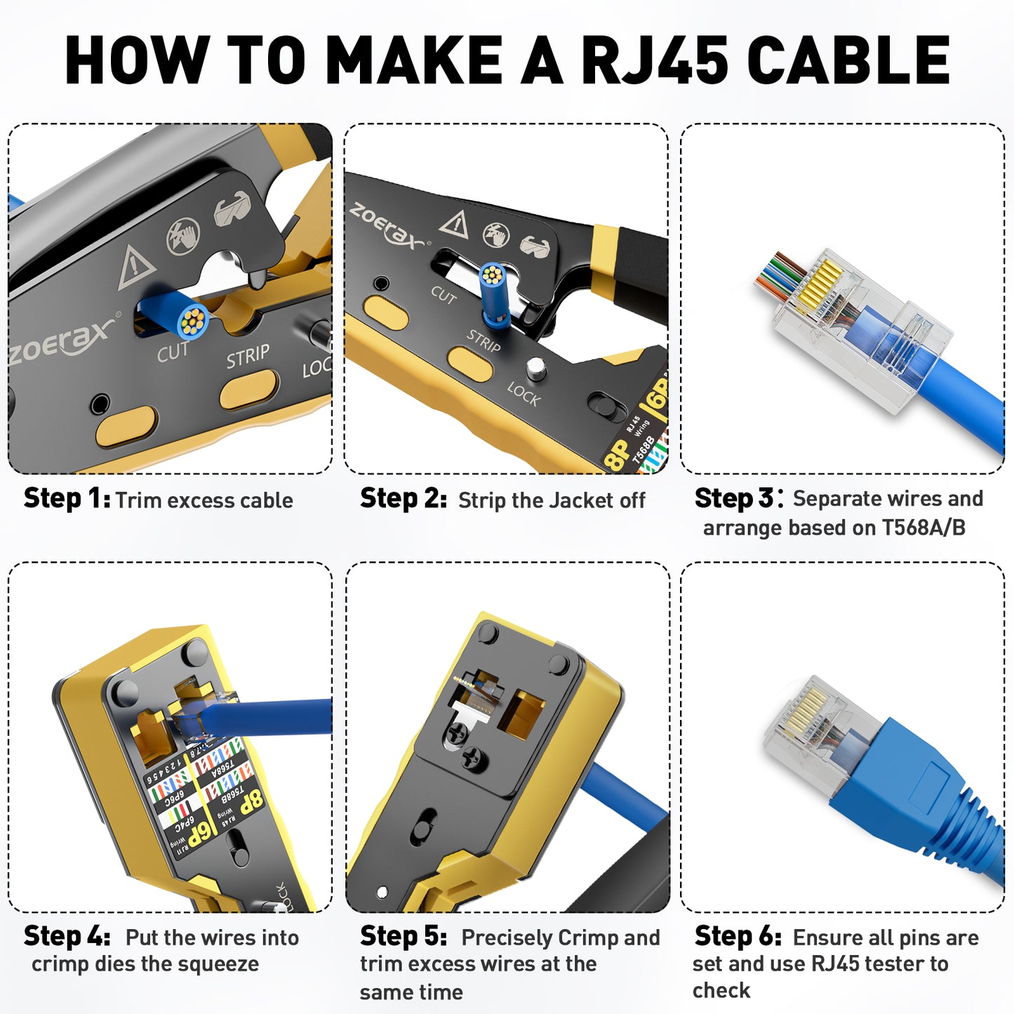 이더넷 크림핑 도구 키트 RJ45 크림핑 도구, 케이블 테스터, 멀티플라이 스트리퍼, 블레이드, 50개 Cat 6 패스스루 커넥터 및 스트레인 릴리프 부츠가 포함된 CAT5 Cat5e Cat6 RJ45 크림핑 도구 키트 