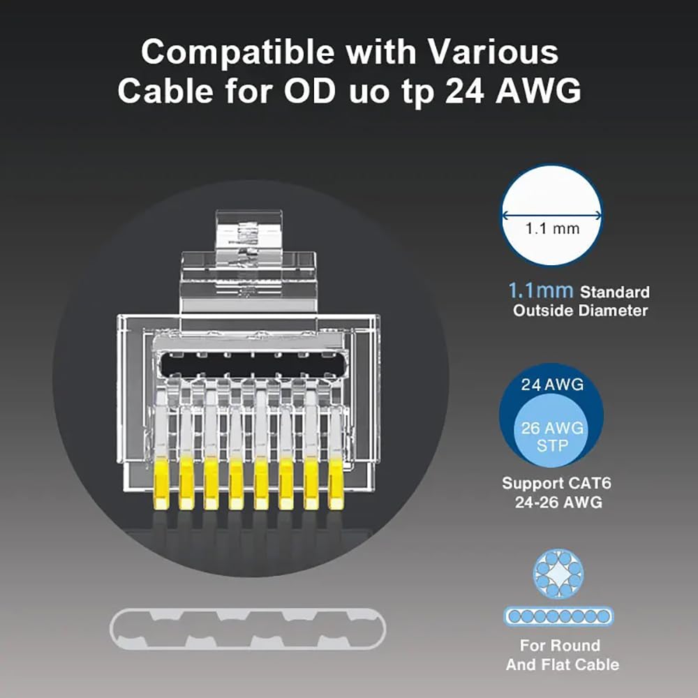 Комплект из 100 экранированных модульных разъемов RJ45 Cat6 для проходных разъемов RJ45 для одножильного или многожильного кабеля Ethernet FTP/STP 