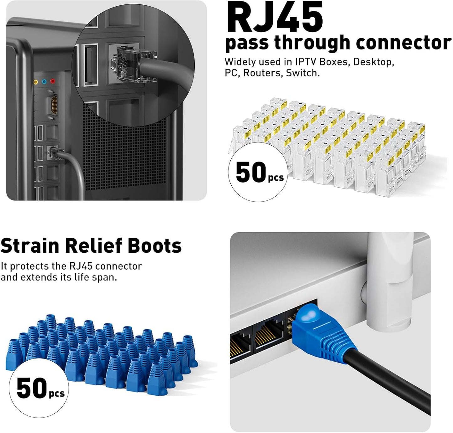 Cat7 RJ45 크림핑 도구, Cat7 Cat6 Cat5 패스스루 이더넷 크림핑 도구 키트, 케이블 테스터가 포함된 네트워크 크림핑 도구, 멀티플라이 스트리퍼, 블레이드, Cat6 커넥터 50개, 스트레인 릴리프 부츠 