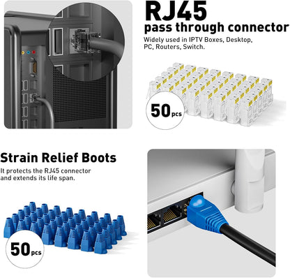 Cat7 RJ45 크림핑 도구, Cat7 Cat6 Cat5 패스스루 이더넷 크림핑 도구 키트, 케이블 테스터가 포함된 네트워크 크림핑 도구, 멀티플라이 스트리퍼, 블레이드, Cat6 커넥터 50개, 스트레인 릴리프 부츠 