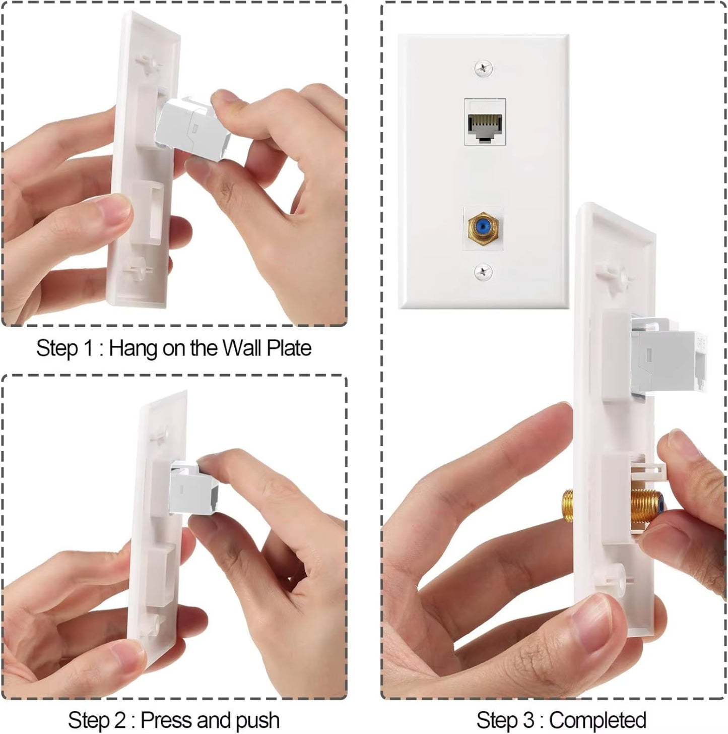 ZoeRax Ethernet Coax Wall Plat, 2-Port Cat6 Keystone Jack Coupler and Gold Plated RG6 Keystone Jack Insert Wall Plate