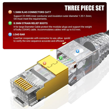 CAT7 CAT6A 차폐형 RJ45 커넥터 30개입, 두꺼운 케이블용 비통과형 차폐형 모듈러 플러그, 50u 금도금 이더넷 단자, 스트레인 릴리프 부트 포함 