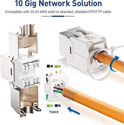 12 Pcs RJ45 Cat7 Cat6A Shielded Keystone Jack, Cat 7 10Gbps Easy Toolless Modular Jacks PoE for 23 to 24 AWG Solid or Stranded S/FTP Ethernet Cable
