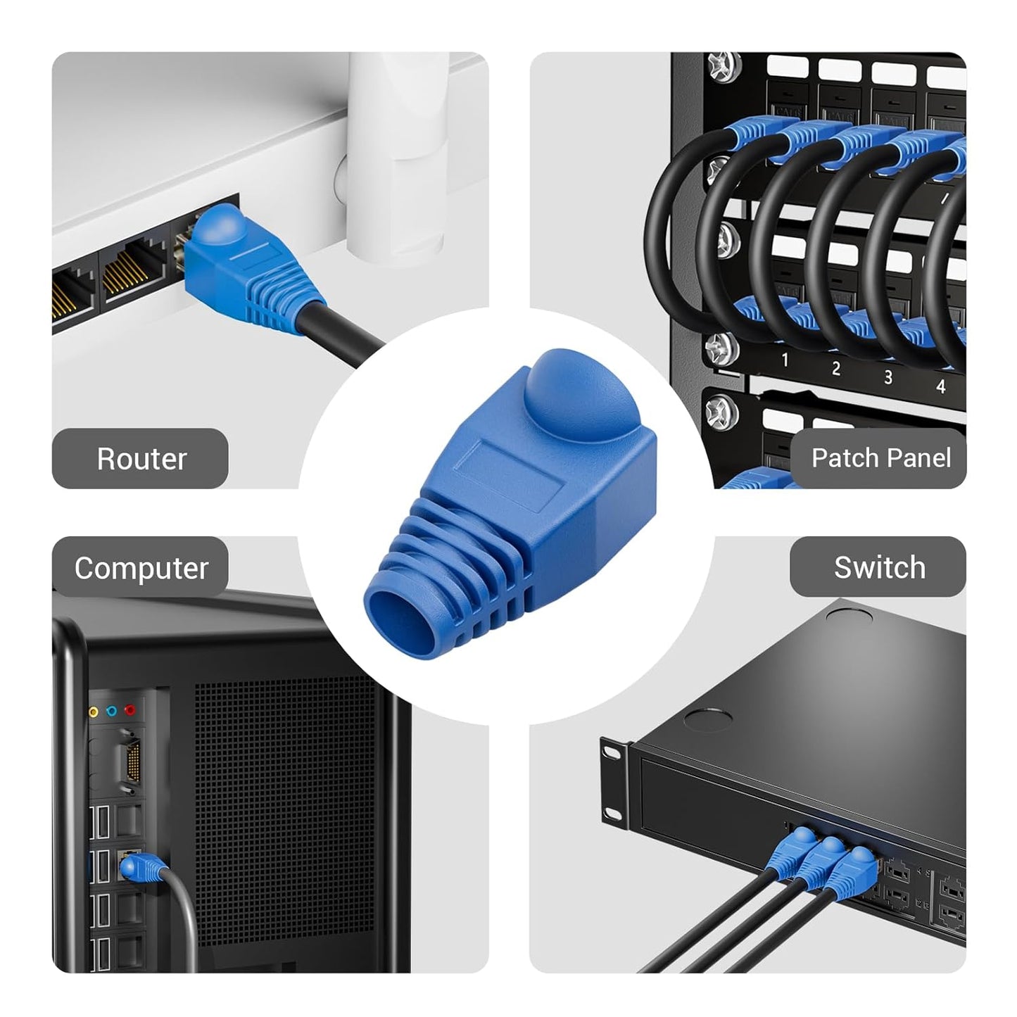 100-Pack Rj45 Strain Relief Boots Ethernet Network Cable Connector Plug Cover for Cat6 Cat5E Cat5(Blue)
