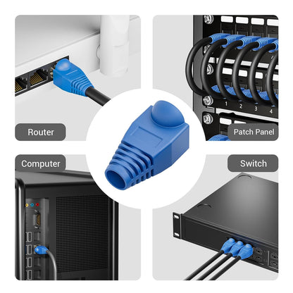 100-Pack Rj45 Strain Relief Boots Ethernet Network Cable Connector Plug Cover for Cat6 Cat5E Cat5(Blue)