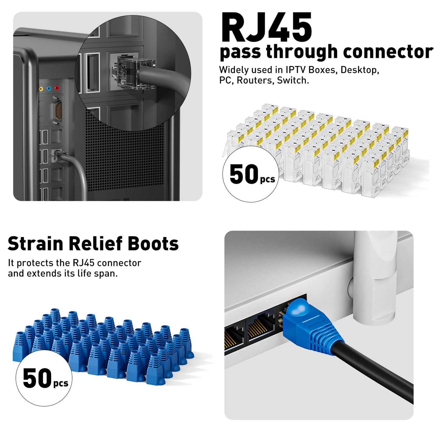 이더넷 크림핑 도구 키트 RJ45 크림핑 도구, 케이블 테스터, 멀티플라이 스트리퍼, 블레이드, 50개 Cat 6 패스스루 커넥터 및 스트레인 릴리프 부츠가 포함된 CAT5 Cat5e Cat6 RJ45 크림핑 도구 키트 