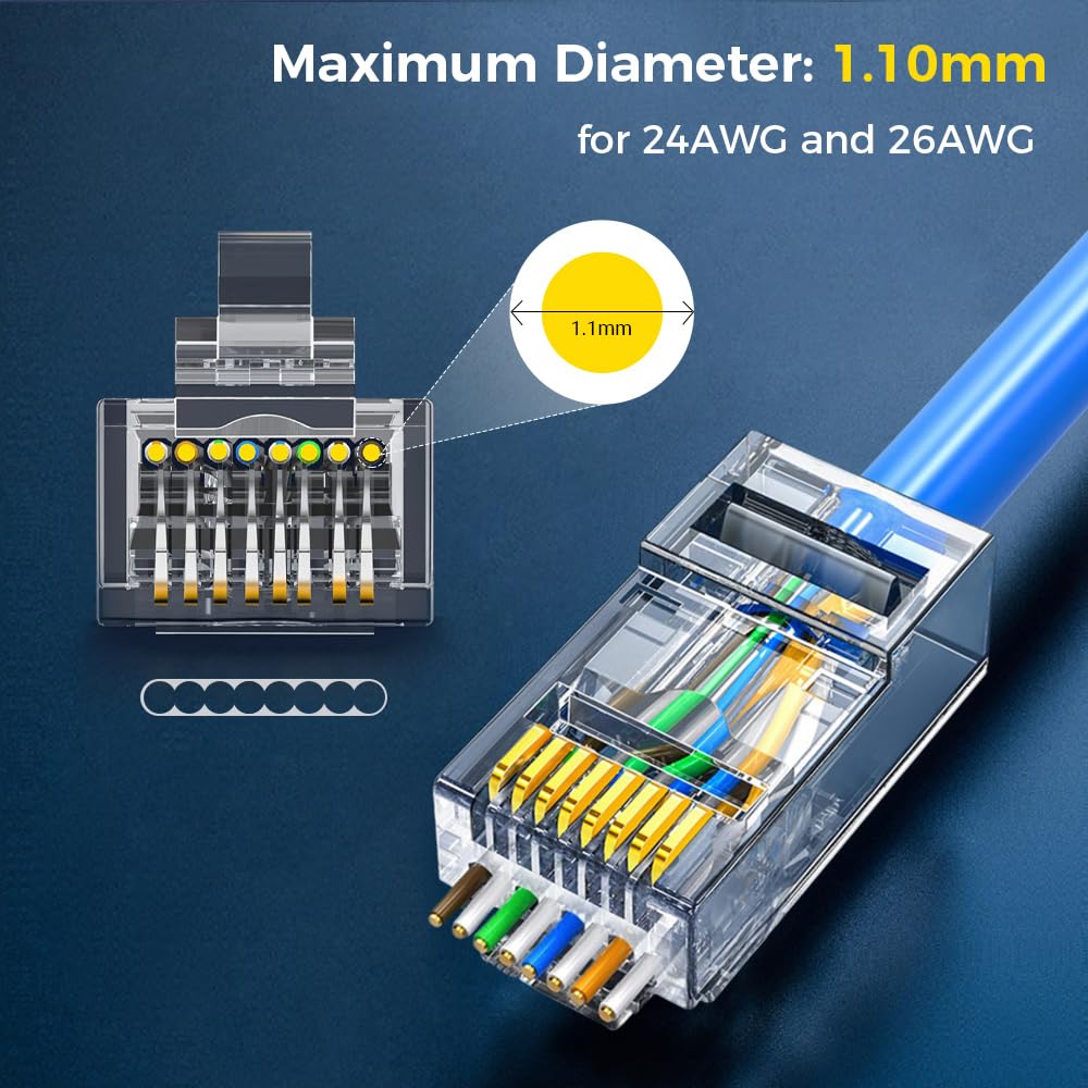 Комплект из 100 сквозных разъемов RJ45 Cat6. Модульные вилки RJ45 для одножильного или многожильного кабеля UTP. 