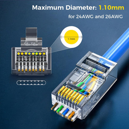 Комплект из 100 сквозных разъемов RJ45 Cat6. Модульные вилки RJ45 для одножильного или многожильного кабеля UTP. 