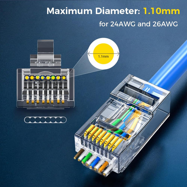 100-Pack RJ45 Cat6 Pass Through Connector RJ45 Modular Plugs for Solid ...