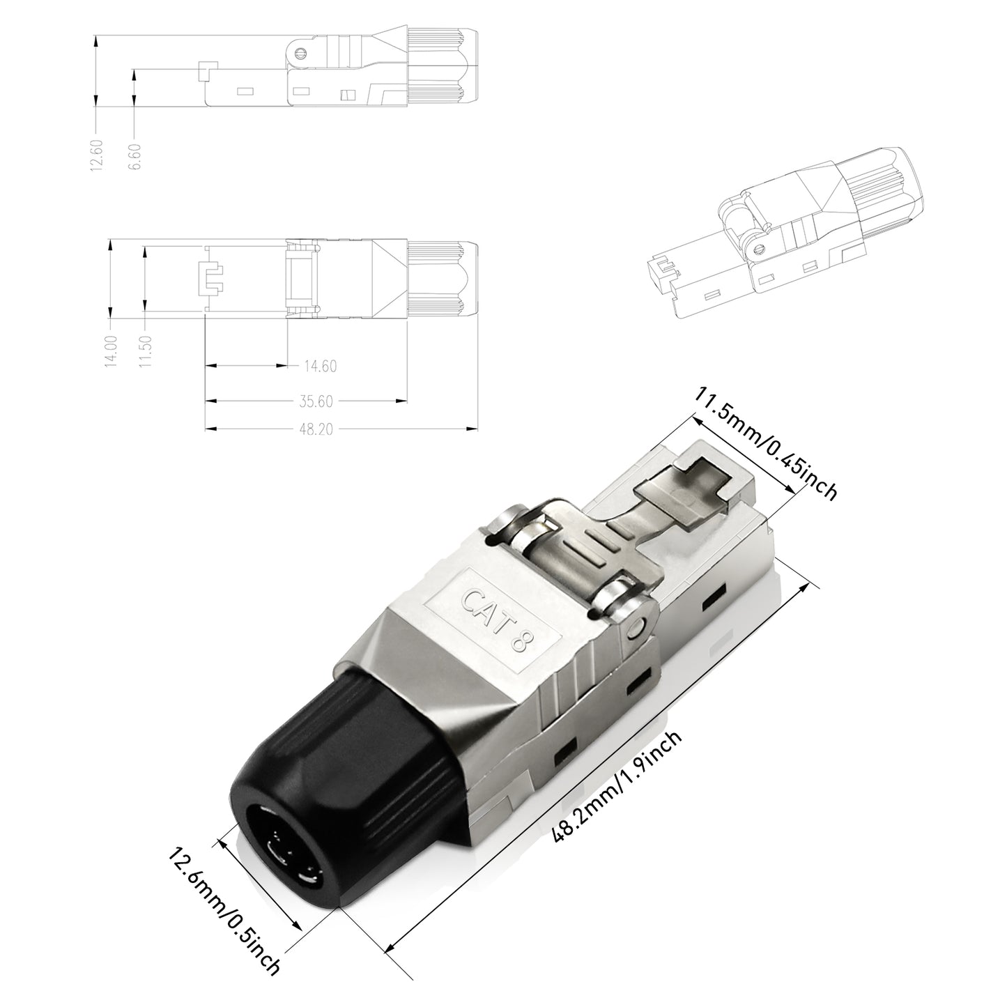 ZoeRax Tool-Free RJ45 Connector, Gold-Plated Plug, Shielded Ethernet Connector for Cat6A/Cat7/Cat8, POE Compatible