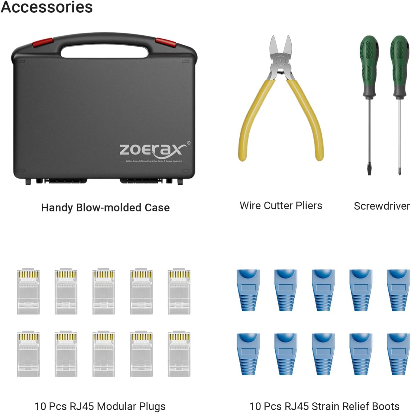 네트워크 툴 키트, ZOERAX 11 in 1 전문가용 RJ45 크림프 툴 키트 - 패스스루 크림퍼, RJ45 테스터, 110/88 펀치 다운 툴, 스트리퍼, 커터, Cat6 패스스루 커넥터 및 부츠 