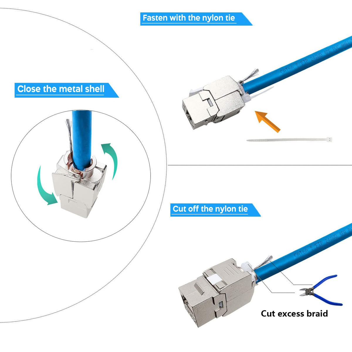 12 Pcs Cat6a Cat7 Keystone Jack Cat7 RJ45 STP Tool-Less Type Zinc Alloy Module Jacks Adapter Coupler for 22 to 26 AWG Solid or Stranded S/FTP Ethernet Cable