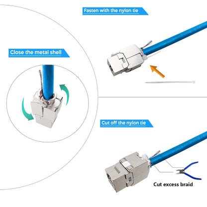 12 Pcs Cat6a Cat7 Keystone Jack Cat7 RJ45 STP Tool-Less Type Zinc Alloy Module Jacks Adapter Coupler for 22 to 26 AWG Solid or Stranded S/FTP Ethernet Cable