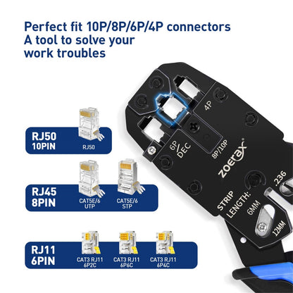 ZoeRax Multi-function RJ45 Crimping Tool, 10P/8P/6P-RJ11, RJ12, RJ45,RJ50 Crimper Cutter Stripper for Modular Plugs