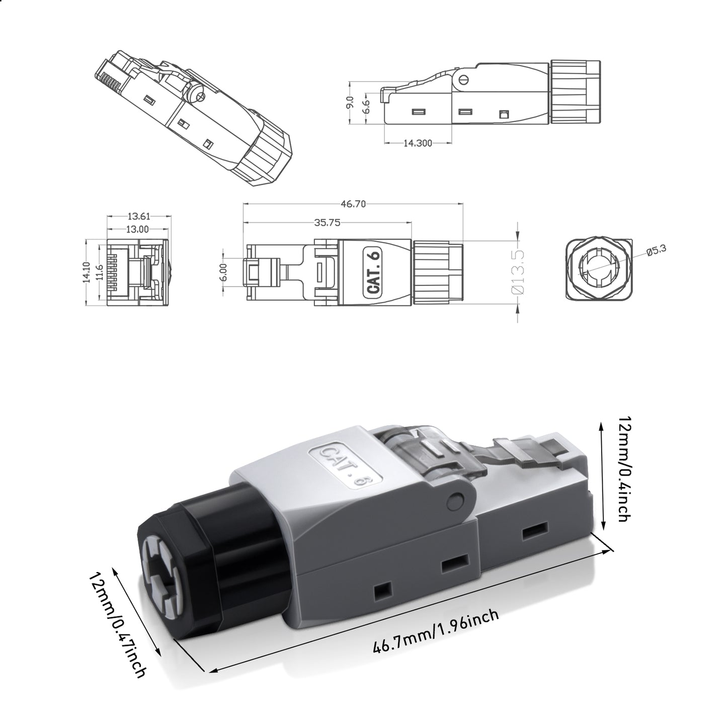 ZoeRax RJ45 Connector Tool-Free, CAT6 Field Termination Plug, Gold Plated Modular Plug, UTP CAT6 Connector Toolless