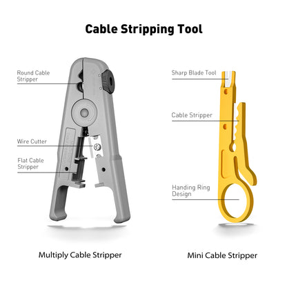 이더넷 크림핑 도구 키트 RJ45 크림핑 도구, 케이블 테스터, 멀티플라이 스트리퍼, 블레이드, 50개 Cat 6 패스스루 커넥터 및 스트레인 릴리프 부츠가 포함된 CAT5 Cat5e Cat6 RJ45 크림핑 도구 키트 