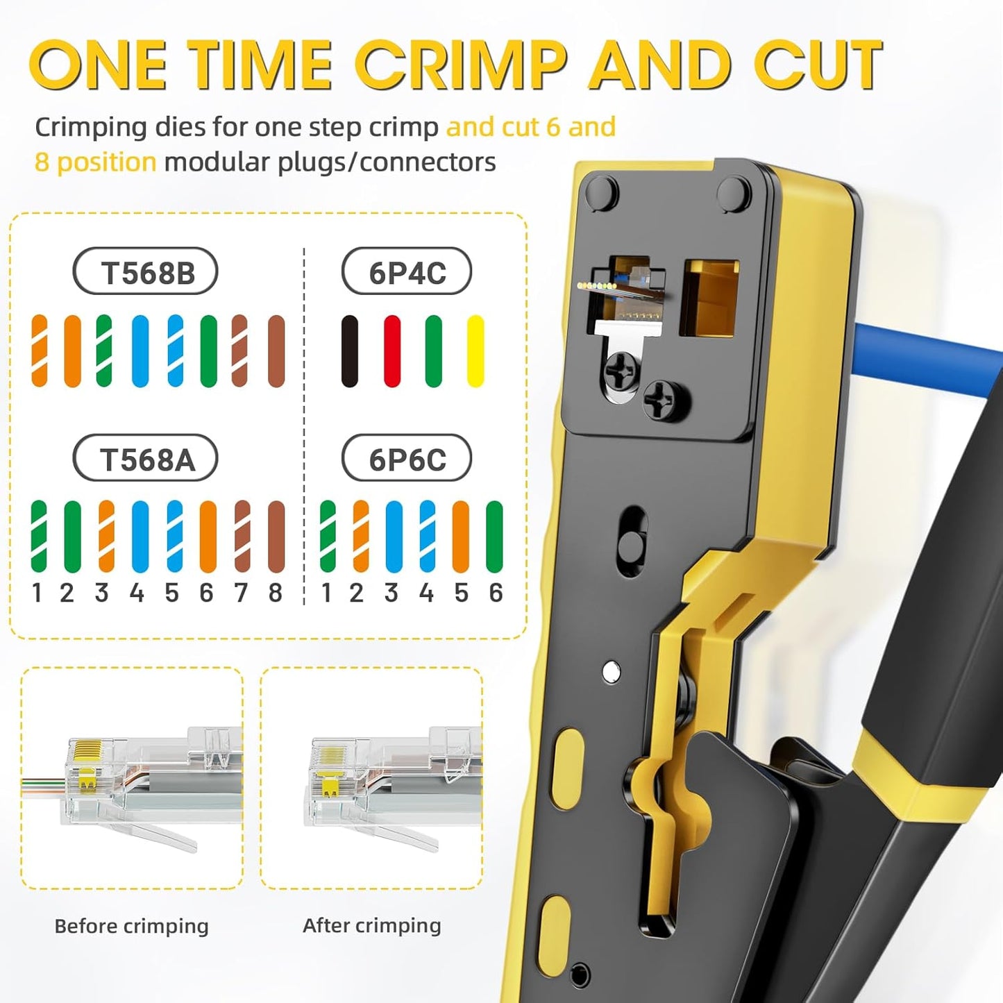 RJ45 Crimping Tool Ethernet Crimp Tool Crimper for RJ11/RJ12 Standard, RJ45 Pass Through Connectors, Yellow