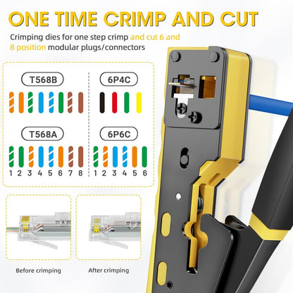 RJ45 Crimping Tool Ethernet Crimp Tool Crimper for RJ11/RJ12 Standard, RJ45 Pass Through Connectors, Yellow