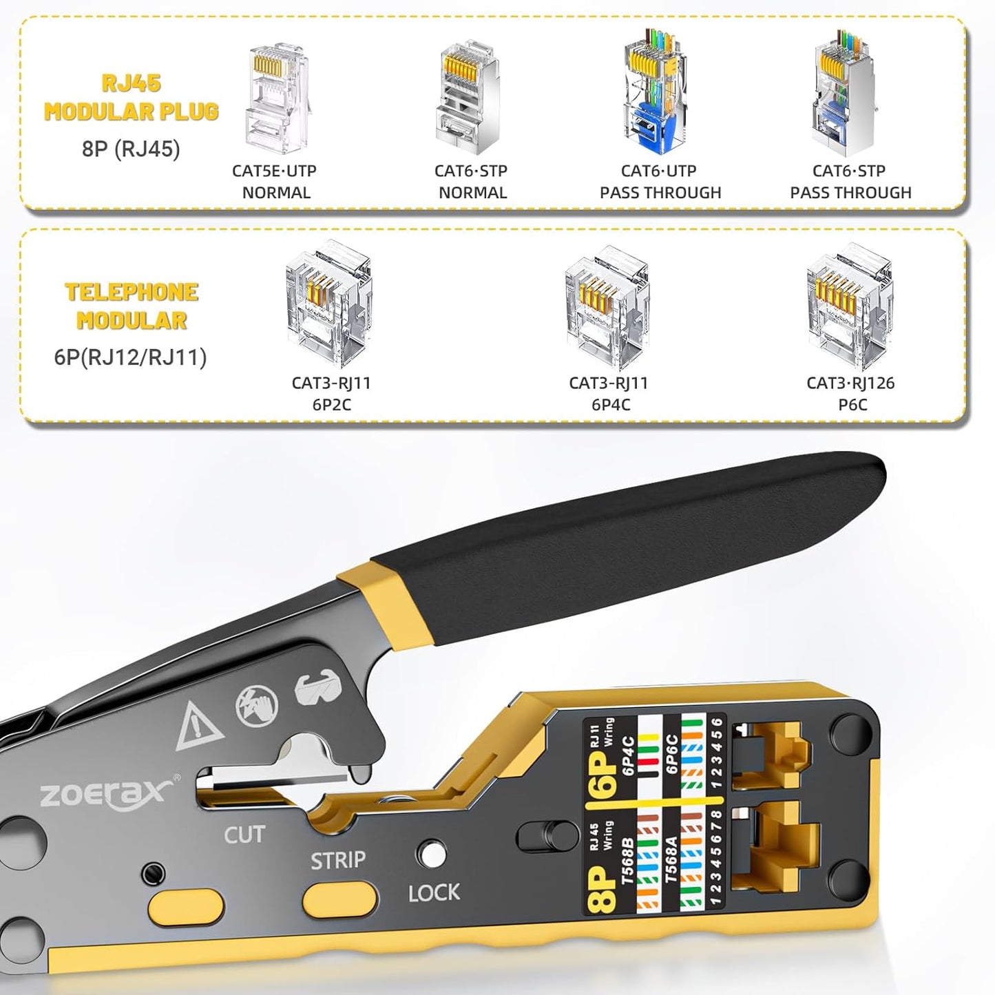 RJ45 Crimping Tool Ethernet Crimp Tool Crimper for RJ11/RJ12 Standard, RJ45 Pass Through Connectors, Yellow