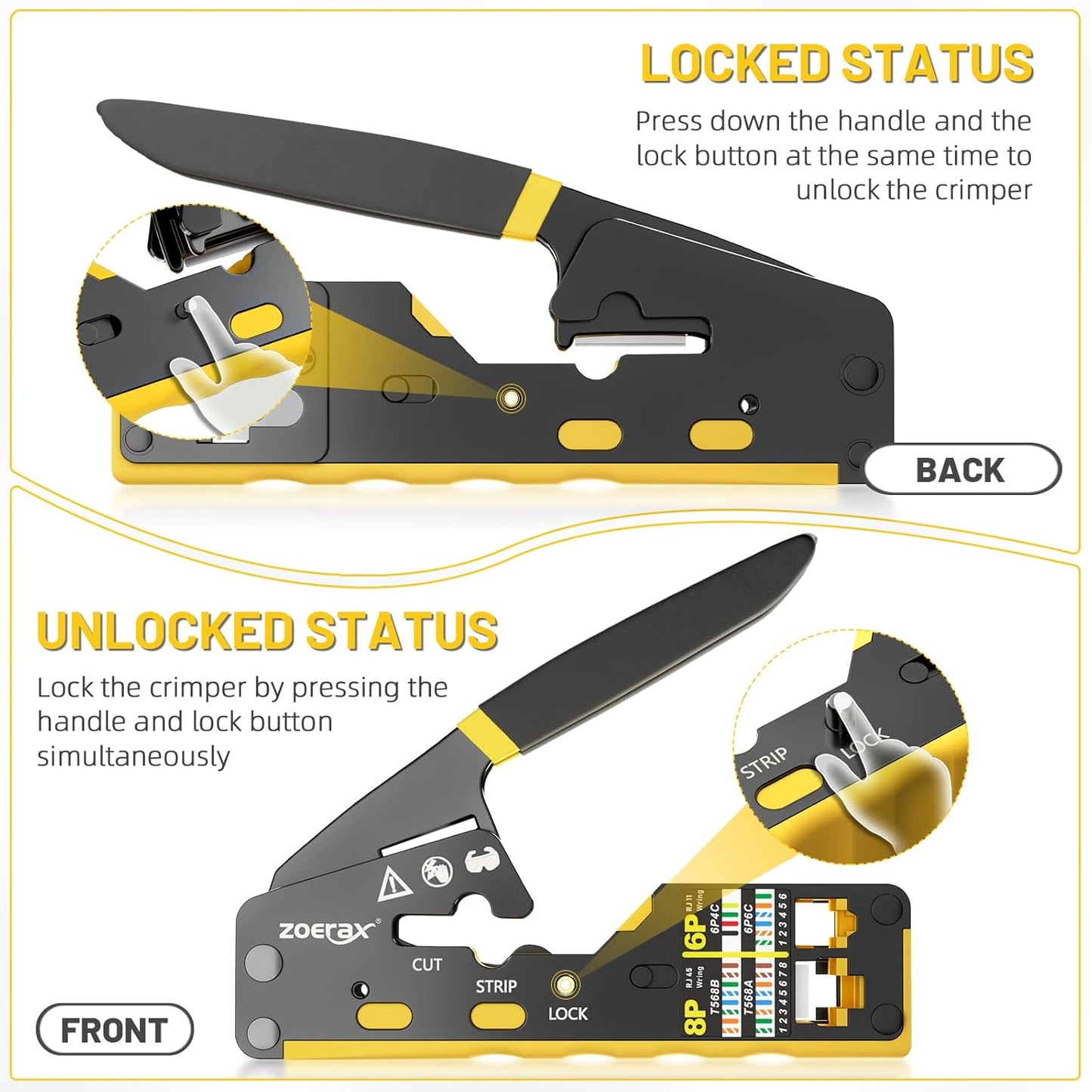 RJ45 Crimping Tool Ethernet Crimp Tool Crimper for RJ11/RJ12 Standard, RJ45 Pass Through Connectors, Yellow