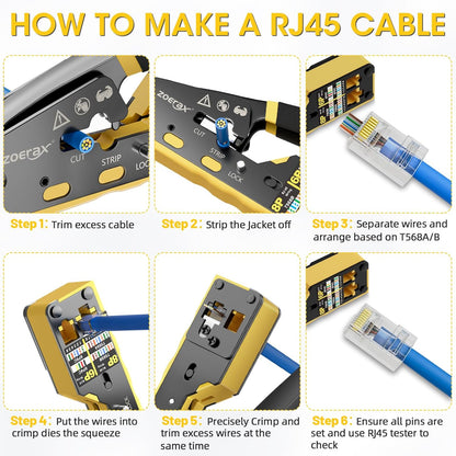 RJ45 Crimping Tool Ethernet Crimp Tool Crimper for RJ11/RJ12 Standard, RJ45 Pass Through Connectors, Yellow