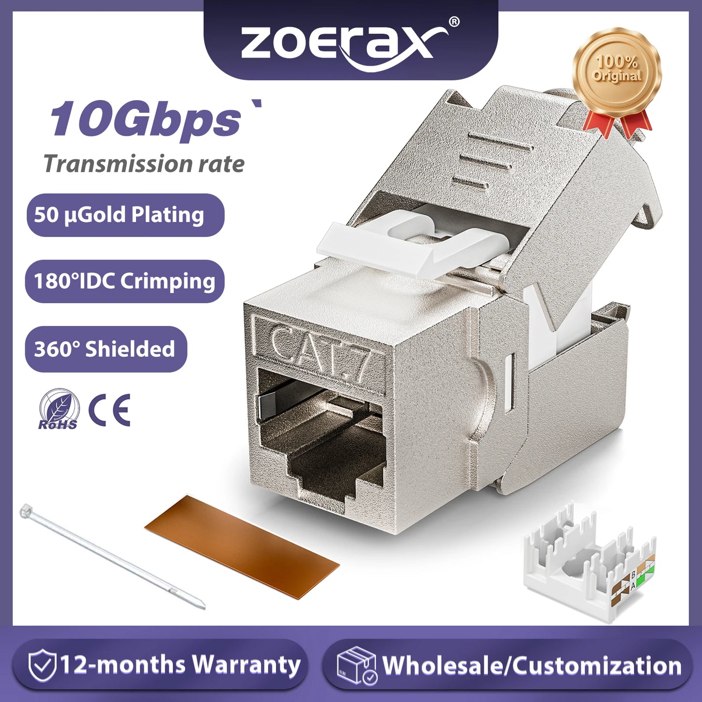 ZoeRax Tool-Free Cat6A RJ45 Keystone Jack - Shielded Ethernet Module