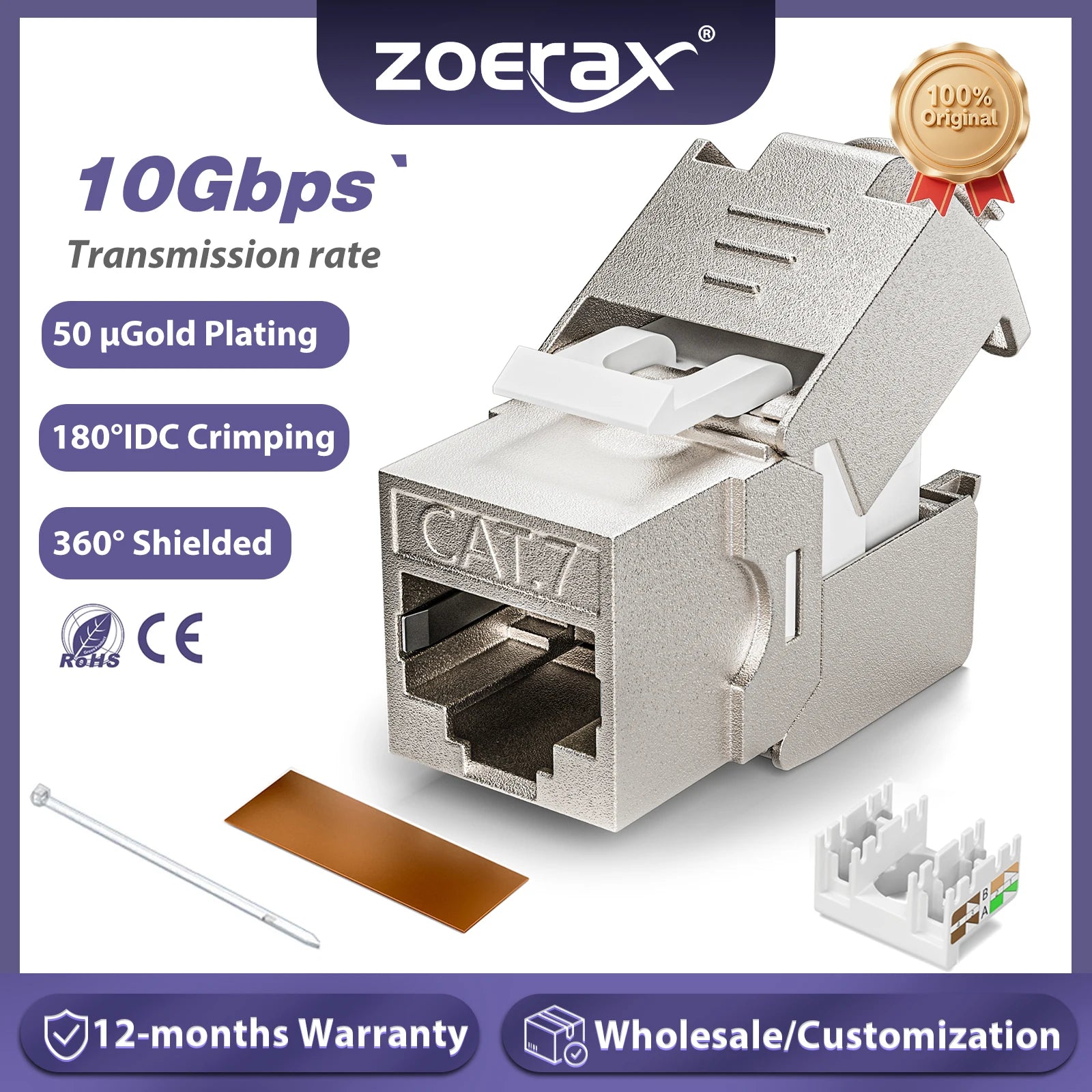 ZoeRax Tool-Free Cat6A RJ45 Keystone Jack - Shielded Ethernet Module