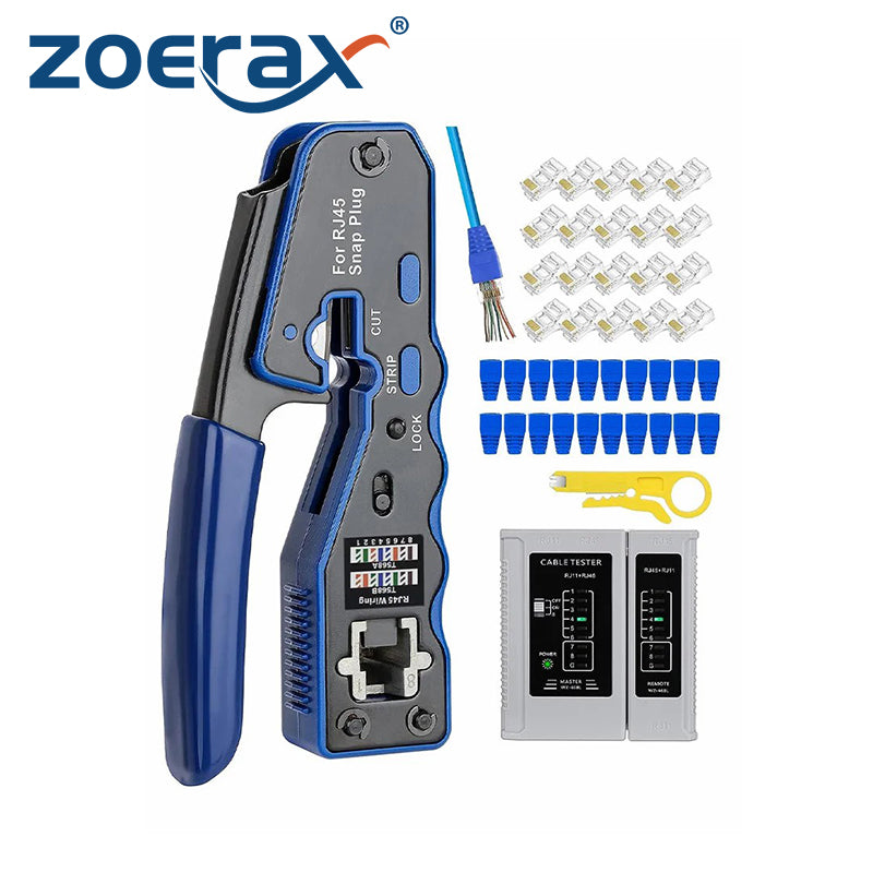 Набор инструментов для обжима RJ45 ZoeRax: сквозной обжимной инструмент и тестер Ethernet для модульных разъемов Cat5e, Cat6, Cat6a 8P8C