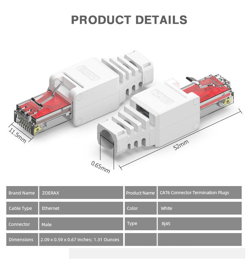 ZoeRax Tool Free RJ45 CAT6 Connector Reusable Ethernet Termination Plugs for 23AWG to 26AWG Cable Easy Internet Plug Fast Field Installation Toolless LAN Cable Ends DIY RJ 45