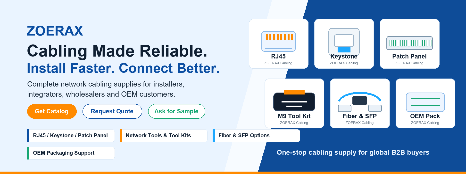 ZOERAX network cabling products including RJ45 connectors, keystone jacks and network tools